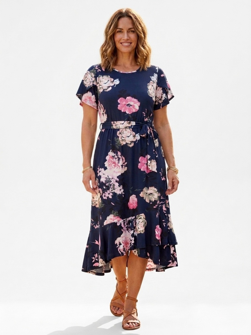 Reborn J Navy Blue Floral High-Low Midi Dress